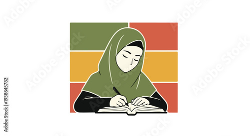 Young Muslim woman in hijab studying and writing in a book, symbolizing education and knowledge