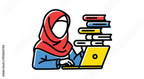 Muslim woman in hijab studying with laptop and stack of books, symbolizing education and learning