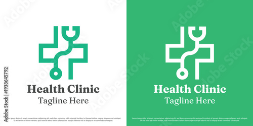 Health plus logo design illustration vector. Health stethoscope silhouette. Patient clinic icon symbol.