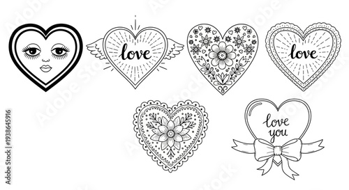 Charming vector set of hand-drawn decorative hearts, featuring intricate line art patterns and romantic 'love' typography, ideal for Valentine's Day and loving designs
