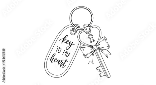 Stylized outline illustration of a romantic keychain, featuring an elegant key with a heart design and a tag inscribed 'key to my heart', symbolizing love and connection