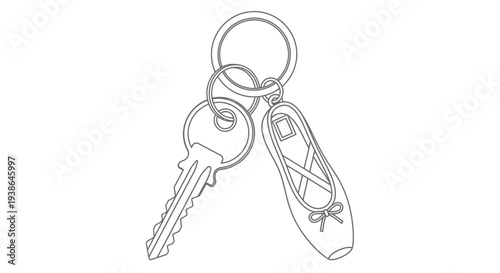 Elegant line art illustration depicting a keyring with a house key and a graceful ballet slipper charm, symbolizing a blend of daily life and a passion for dance