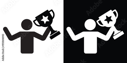 Silhouette of a person triumphantly holding a trophy cup with both hands. Concept of winning, championship victory, and ultimate success. Isolated black and white flat vector graphic.