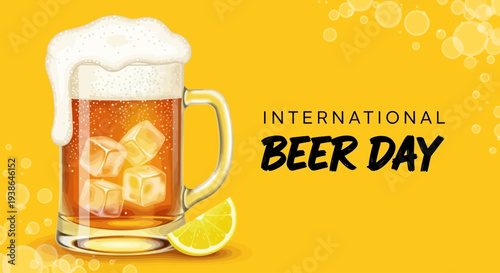 Festive Beer Celebration Illustration Featuring a Frothy Mug with Ice and a Lemon Wedge on a Bright Yellow Background, Perfect for Refreshing Drink Concepts