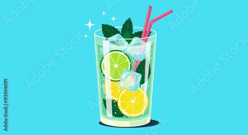 Refreshing and vibrant citrus cocktail illustration, featuring sparkling ice cubes, fresh mint, and zesty lime and lemon slices, perfect for summer beverages