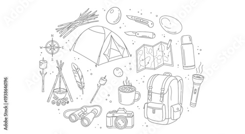 Hand-drawn collection of essential camping and outdoor adventure gear, perfect for illustrating recreational activities and nature exploration in a simple line art style