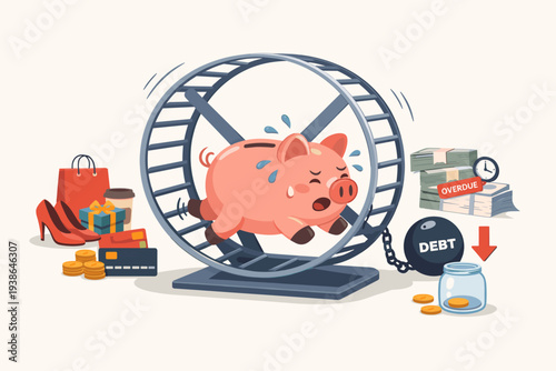 Piggy bank running in a hamster wheel symbolizing financial struggle, debt cycle, and overspending. Vector illustration of money problems, overdue bills, credit card debt, and difficulty saving.