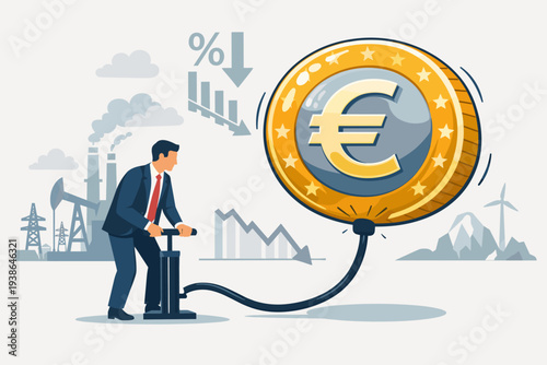 Businessman inflating a giant Euro coin balloon symbolizing economic inflation in Europe, background features energy shortage with factories, oil pumps, and declining financial market charts.