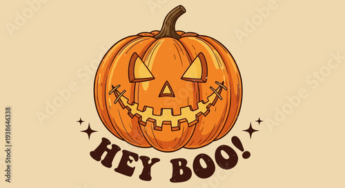 Retro Halloween Pumpkin Face Saying Hey Boo! with Stars and Sparkles