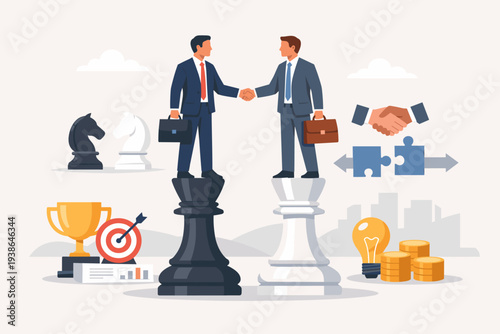 Professional Businessmen Shaking Hands on Chess Kings for Strategic Negotiation, Win-Win Partnership, Corporate Merger, and Successful Agreement Instead of Confrontation in Competition.