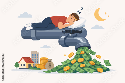 Passive Income Concept Illustration with a Man Sleeping on a Faucet Pipe Flowing with Cash and Coins, Symbolizing Financial Freedom, Wealth Generation, Side Hustles, and Investment Dividends.