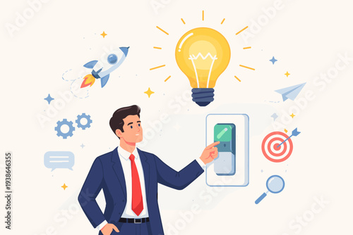 Smart businessman in a suit turning on a light switch to ignite a bright light bulb, symbolizing new business ideas, inspiration, creativity, startup success, goal achievement, and strategy.