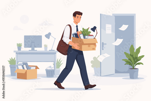 Businessman leaving office with box of belongings after resignation or termination. Career change concept with employee quitting job, walking out of door with personal items and desk supplies. Flat