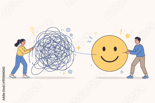 Mental health concept vector illustration with people untangling a messy knot of chaos into a happy smiley face, representing problem solving, overcoming anxiety, therapy, and finding clarity.