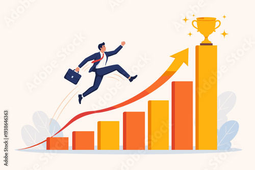 Ambitious businessman jumping over rising bar chart columns towards a golden trophy cup. Concept of motivation, career growth, financial success, reaching targets, and achieving business goals.