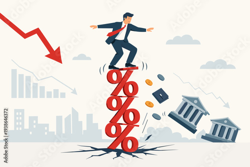 Businessman Balancing on Unstable Stack of Interest Rate Percentage Symbols During Economic Recession and Financial Crisis with Falling Bank Buildings, Market Crash, and Investment Risk Concept