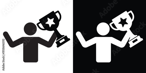 Silhouette of a person triumphantly holding a trophy cup with both hands. Concept of winning, championship victory, and ultimate success. Isolated black and white flat vector graphic.