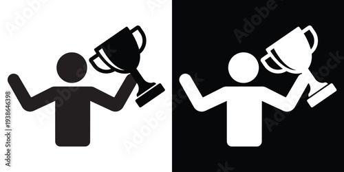 Silhouette of a person triumphantly holding a trophy cup with both hands. Concept of winning, championship victory, and ultimate success. Isolated black and white flat vector graphic.
