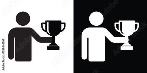 Silhouette of a person triumphantly holding a trophy cup with both hands. Concept of winning, championship victory, and ultimate success. Isolated black and white flat vector graphic.