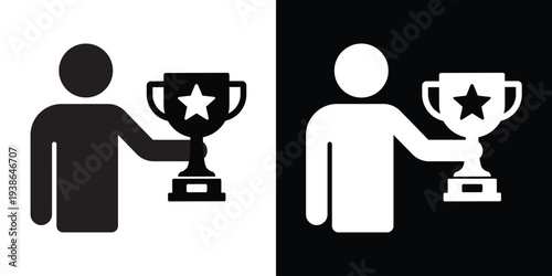 Silhouette of a person triumphantly holding a trophy cup with both hands. Concept of winning, championship victory, and ultimate success. Isolated black and white flat vector graphic.