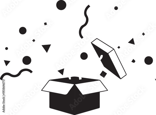 A black and white illustration of an open box with confetti