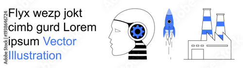 Artificial intelligence, innovation, industrial development, space exploration, technology progress, manufacturing. A head with a gear, a rocket and a factory. AI and innovation