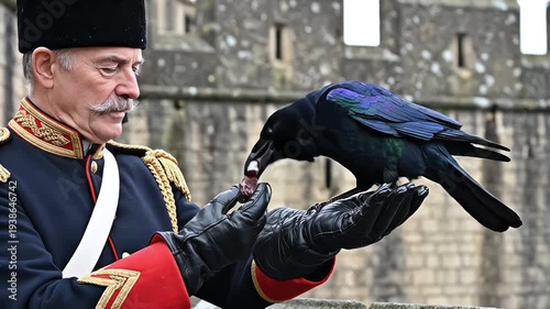 Yeoman Warder Ravenmaster feeding a black raven with raw meat at the Tower of London