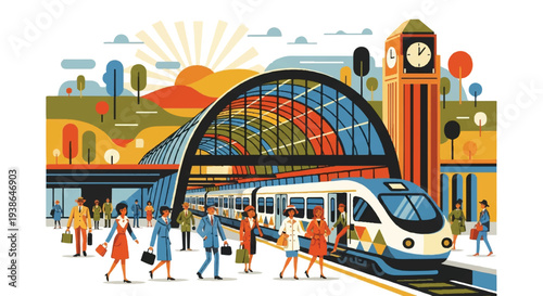Modern train station illustration with people train and urban landscape