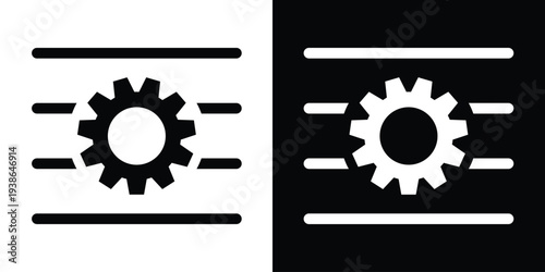 Minimalist gear icon centered between horizontal lines. Represents technical settings, industrial processing, or automation workflow. Black and white vector flat design for business UI.