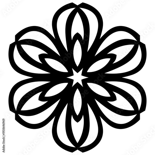 Vector stencil with abstract symmetric flower. Round ethnic ornament. Black simple flower on white background. Monochrome simple plant mandala. Floral design for laser cut