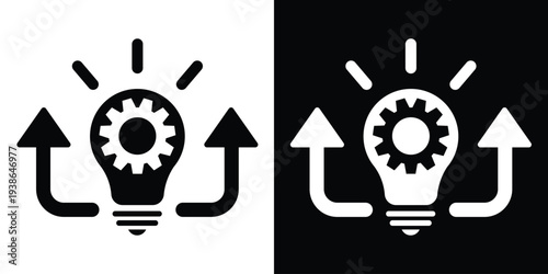 Light bulb icon featuring an internal gear and upward arrows. Represents innovative solutions, technical growth, and efficient idea development. Creative engineering concept vector.