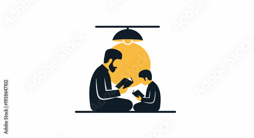 Father and son reading together under a lamp, symbol of education, family bonding, and knowledge sharing