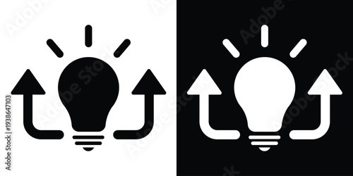 Glowing light bulb icon with rising arrows. Represents creative growth, increasing innovation, brainstorming success, and the expansion of bright ideas for business or education.