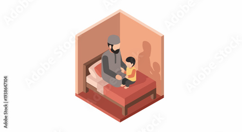 Muslim father and son sitting on a bed in a room, father wearing a cap and traditional clothes