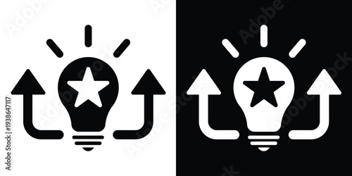 Light bulb icon featuring a star with upward arrows. Symbolizes premium quality ideas, top-rated innovation, rising excellence, and achieving high-standard creative goals.