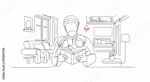 Muslim father reads Quran to his children in a cozy living room, Islamic family bonding and education, line art illustration