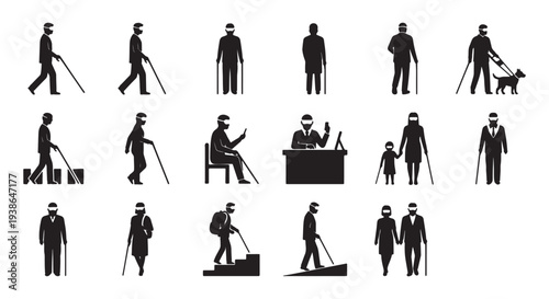 Blind People Silhouette Icons Set, Walking with White Cane Guide Dog Accessibility Vector Pictograms