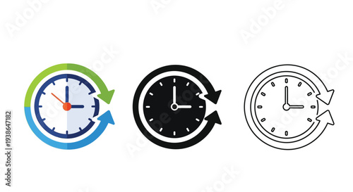 Vector graphic illustration of clock symbols with circular arrows indicating time rotation concept