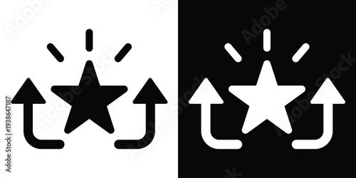 Shining star icon with rising side arrows. Symbolizes increasing popularity, ranking growth, reaching top-tier performance, and general excellence in a flat black and white design.