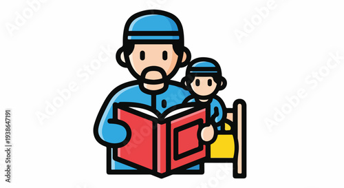 Illustration of a Muslim father reading a bedtime story to his child, showcasing family bonding, education, and Islamic culture.