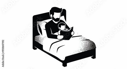 Caring father reads a book to his child in bed, illustrating a tender bedtime story moment, family bonding, and parental love in monochrome.