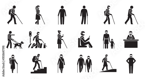 Blind People Silhouette Icons Set, Walking with White Cane Guide Dog Accessibility Vector Pictograms