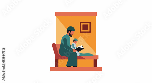 Generations learning: Muslim father teaching his son from a book, fostering religious education and family bonding in a cozy, illustrative home setting.