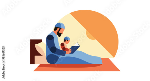 Muslim father and son reading a book together, sharing a moment of religious education and family bonding in a peaceful Islamic setting, illustrating family values.