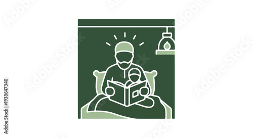 Father reading a bedtime story to his child in bed, illustration in green tones