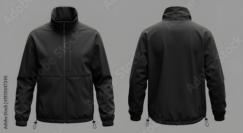 Black softshell jacket mockup front and back view isolated background