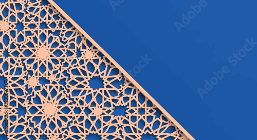 Intricate 3D rendered Islamic geometric pattern featuring a traditional arabesque design with stars and lattice work perfect for cultural backgrounds Ramadan or Eid greeting cards
