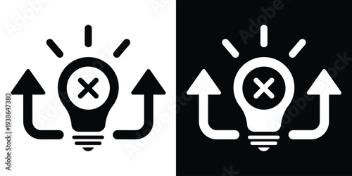 Light bulb icon with a cross "X" mark and rising arrows. Represents escalating errors, failed innovation, risk management, and identifying negative trends in creative processes.