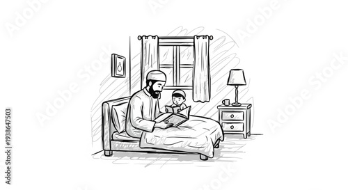 Muslim father and son reading Quran together in bed, bedtime story, Islamic family bonding, sketch illustration