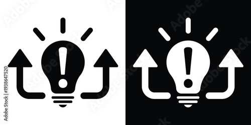 Light bulb with an exclamation mark and upward arrows. Represents critical insights, problem-solving, optimization alerts, creative warnings, and urgent innovative improvements.